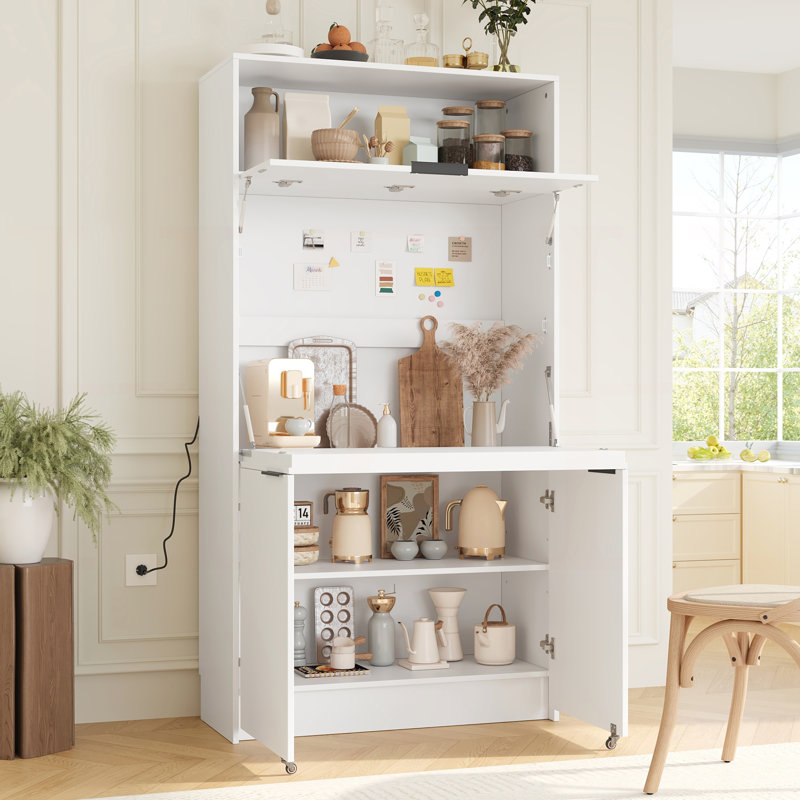 Compact Kitchen Pantry - Buffet haut de 69 po avec huche et poste de travail pliable - Armoire de rangement multifonctionnelle avec tablette réglable et prise de courant pour la salle à manger et le salon, blanc