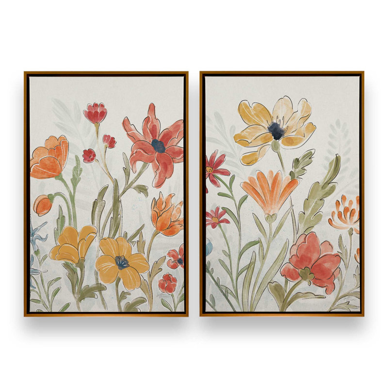 «Garden Melody in Bloom Duo», ensemble de 2 impressions sur toile, Cadre flottant doré poli, H 18,75 po x l 12,75 po