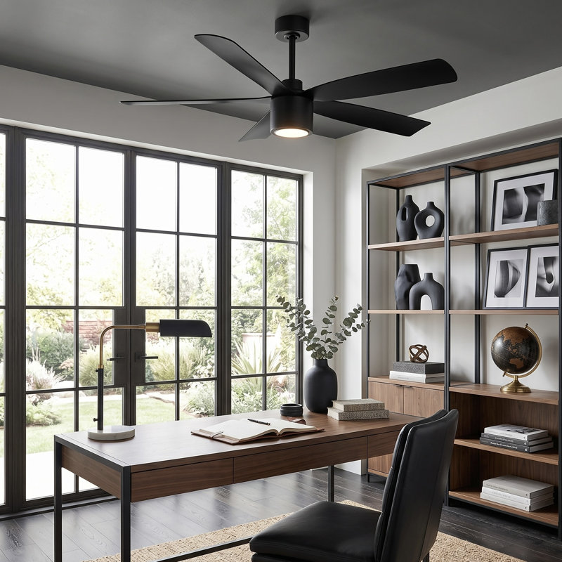 Ventilateur de plafond 5 pales avec télécommande et lumière à intensité variable RAVian, 52", Noir mat