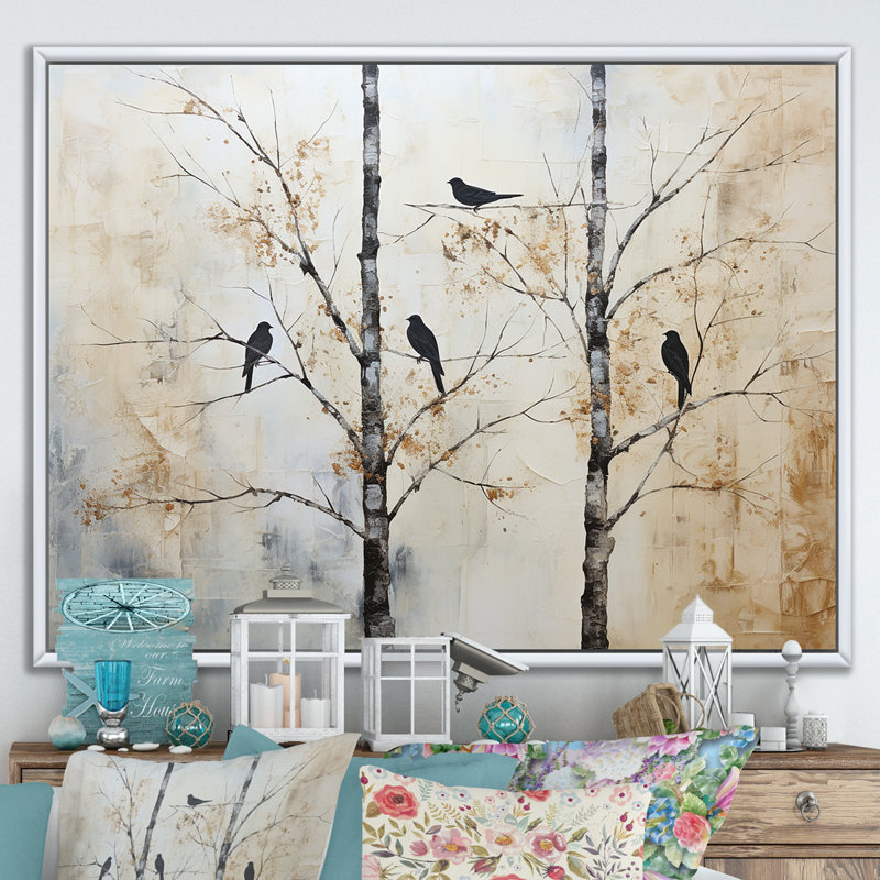Minimalisme, oiseaux monochromes sur branche III sur toile, H 34 po x l 44 po x P 1,5 po, Cadre flottant blanc