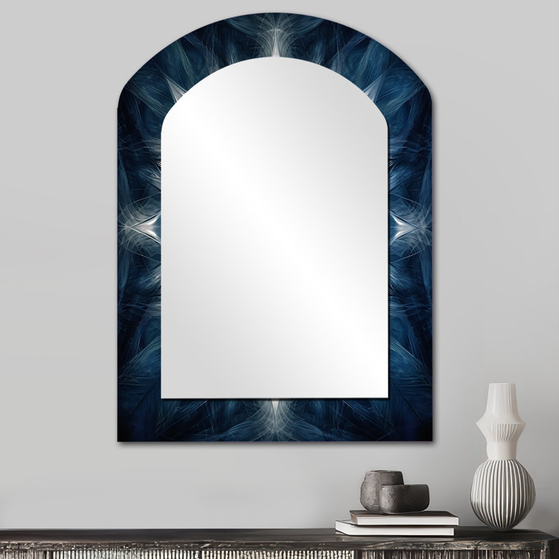 Natarsha turquoise et fleurs blanches fractales VI - miroir arqué géométrique, miroir mural décoratif asymétrique turquoise, impression sur métal
