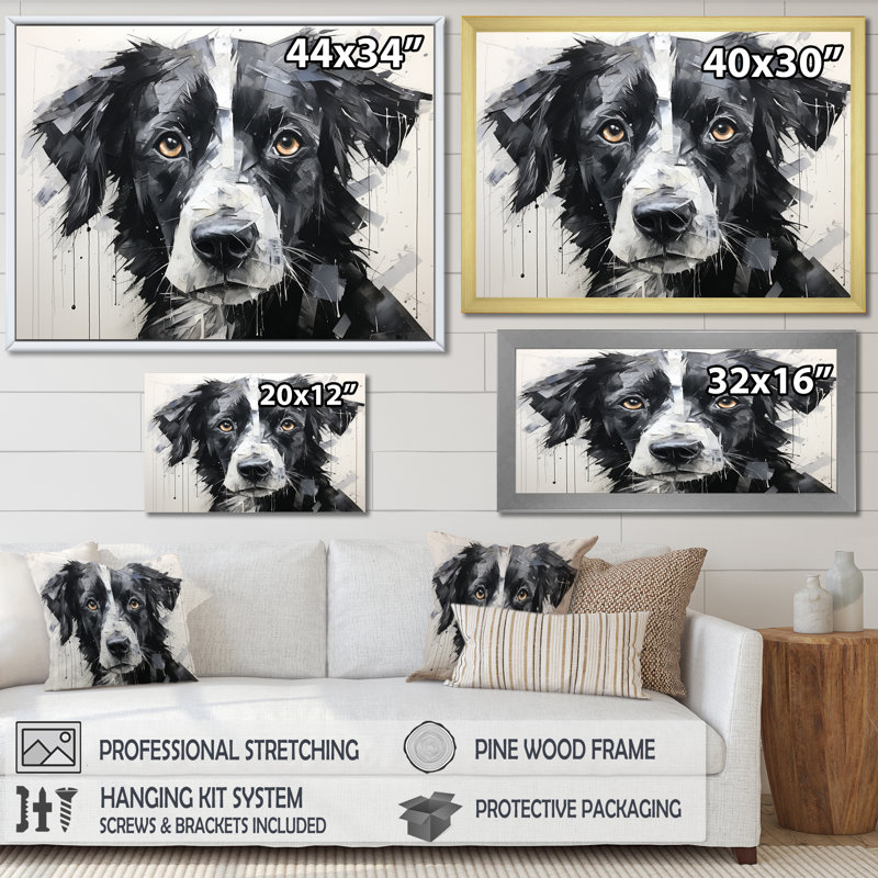 Sarabi, portrait de chien sur toile, Cadre d'angle fermé noir, H 34 po x l 44 po x P 1,5 po