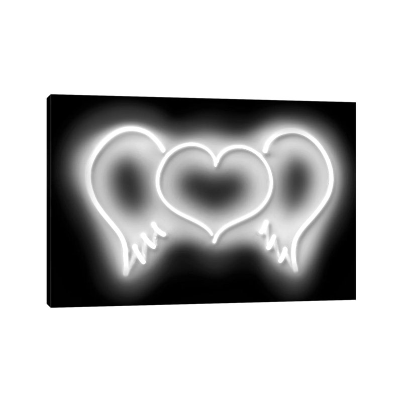 Neon Heart Wings Whiteon Black by Hailey Carr - Wrapped Canvas Print, 66.04 cm H x 45.72 cm W x 1.91 cm D