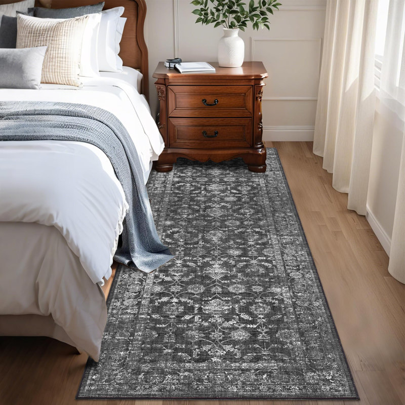 Vintage Boho Area Rug - Washable Non Slip Low Pile Rug, Runner 2'6" x 8', Black