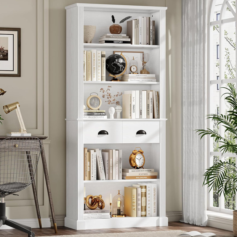 72" White Bookshelf and Bookcase, Tall Bookshelf with Drawers, 5 Tier Book Shelf with Storage, Wood Display Storage Shelves, Tall Bookcase for Home Office, Study, White