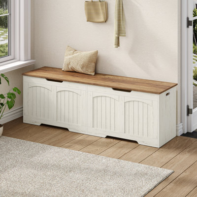 Coffre de rangement, banc de rangement de 59,1 pouces de long, grand coffre de rangement avec 2 charnières à fermeture en douceur et 2 couvercles relevables séparés, pour le vestibule, la chambre à coucher, le salon, le brun blanc