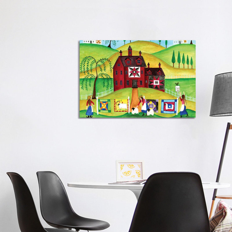 Red Barn Quilt House by Cheryl Bartley - Painting on Canvas, 66.04cm H x 101.6cm W x 3.81cm D, Wrapped Canvas