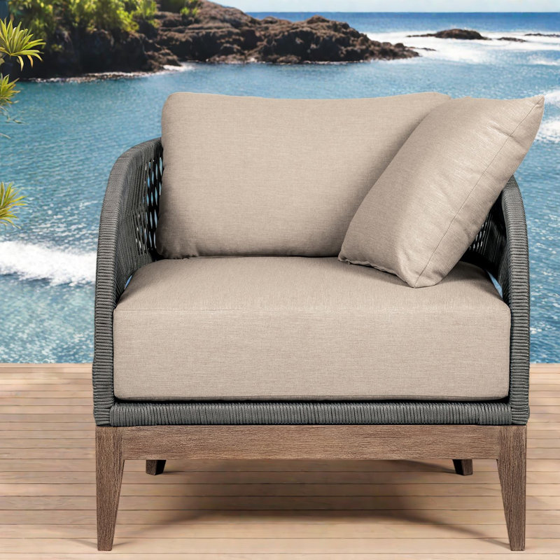 Méridienne de patio résistante aux intempéries, bois d'eucalyptus et coussin taupe
