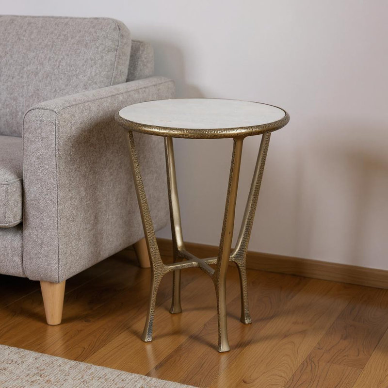 Table de bout ronde en aluminium et marbre 23 po blanc et doré