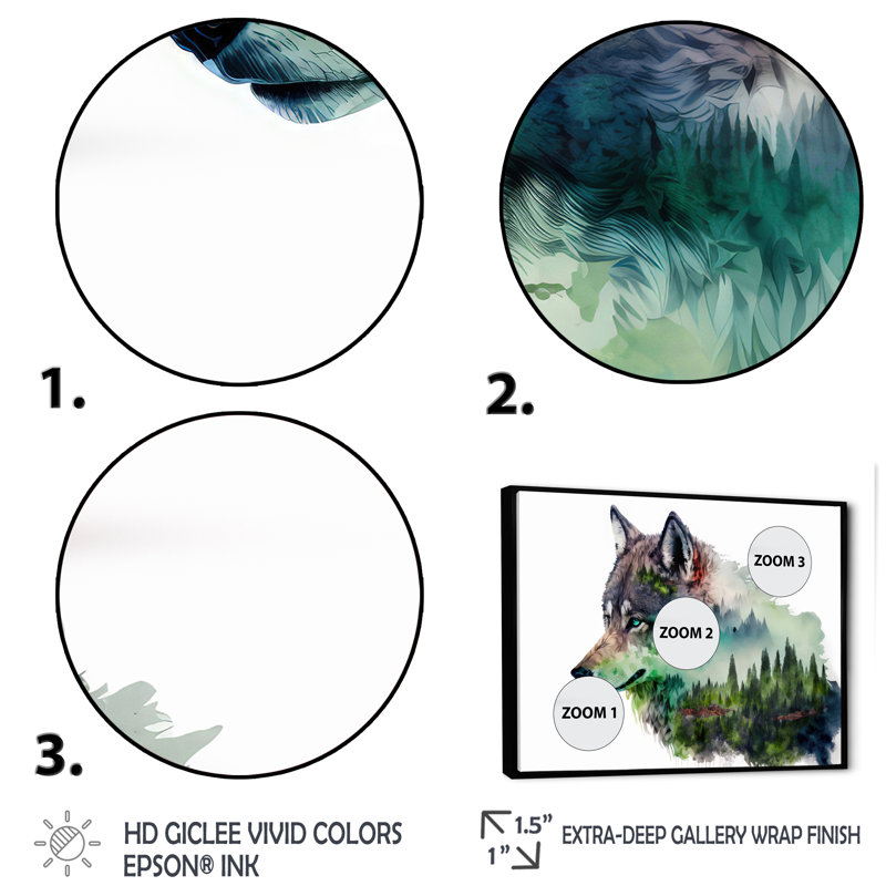 Double exposition d'un loup avec un paysage de forêt - loup, H 34 po x l 44 po x P 1,5 po, Toile avec cadre flottant noir