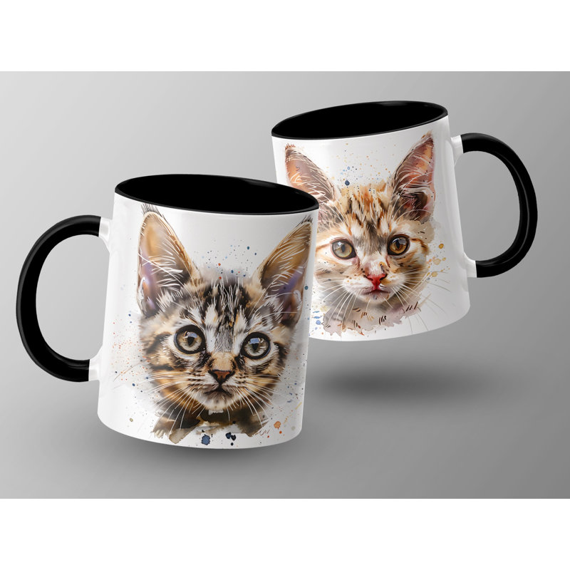 Cat Design 11oz Accent Mug – White Ceramic Coffee Cup with Colored Handle and Interior, Black, 3