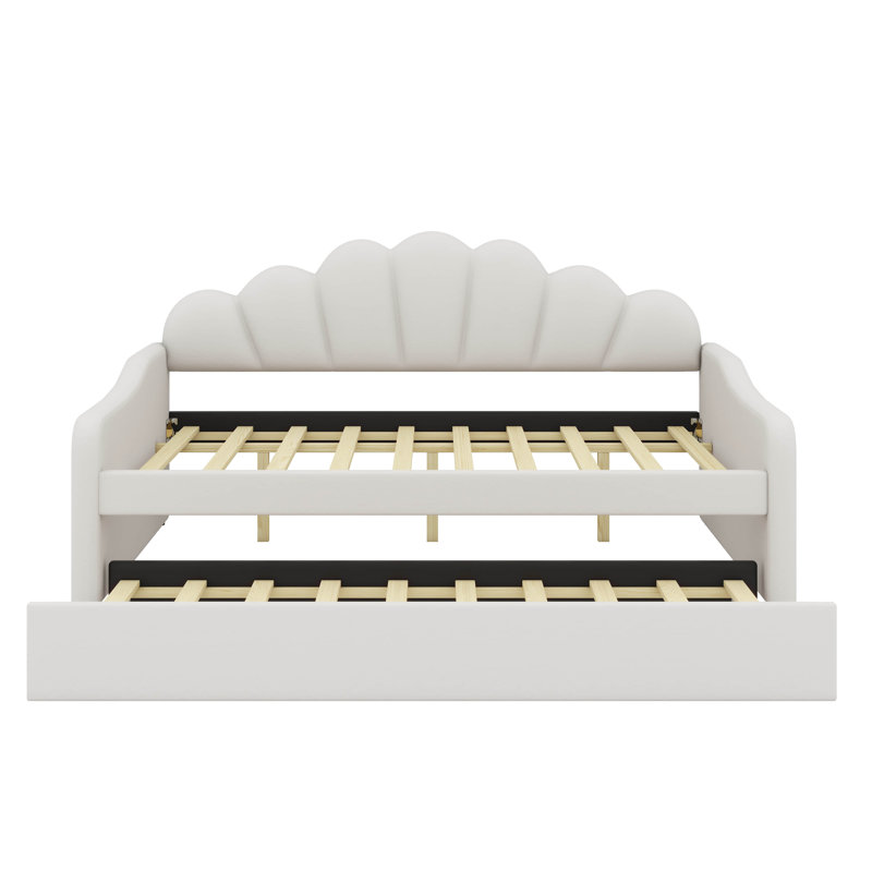Structure de lit de jour double entièrement rembourrée avec dossier incurvé élégant et peu profond, Beige