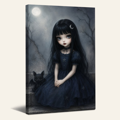 «Girl In Blue Star Dress» avec petite chauve-souris assise sur toile