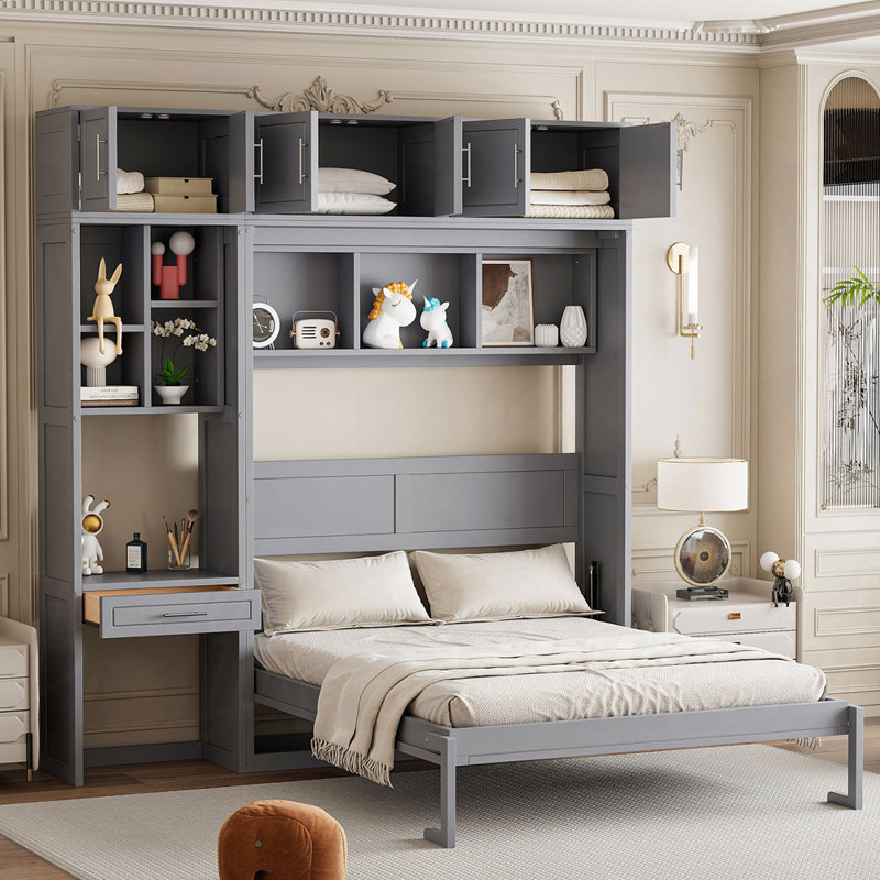 Lit escamotable avec bureau et rangement Murphy, Gris, Grand