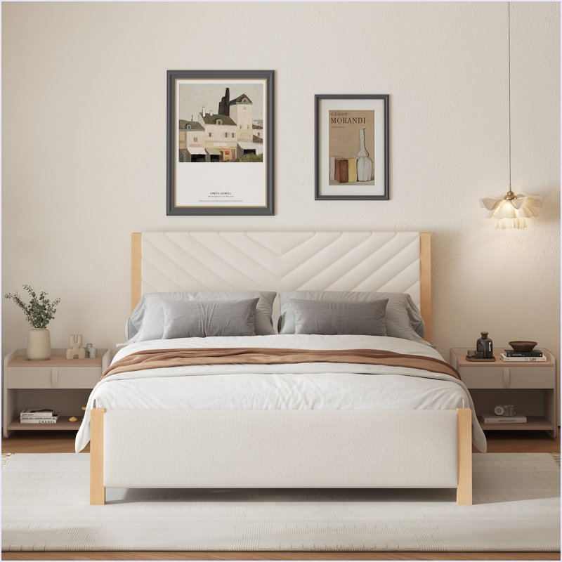 Base de lit tapissier moderne avec tête de lit capitonnée et pieds en bois massif de style moderne Mid-Century, Gris