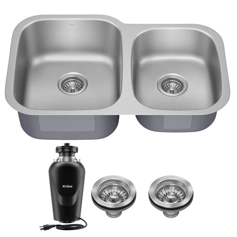 Kraus Premier Undermount Kitchen Sink with Waste Guard™ Garbage Disposal, Double Offset Bowl, 32.25" L x 18" W x 8.75" D