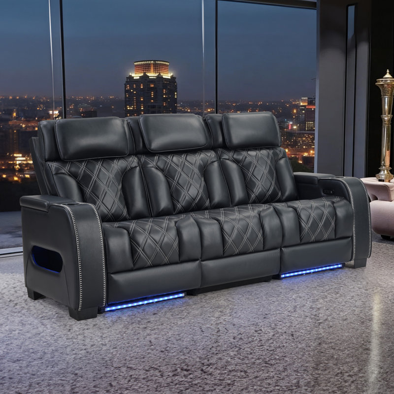 84" Wide Top Leather Power Reclining Sofa With Adjustable Headrest, And Ambient Arm Lighting, Black
