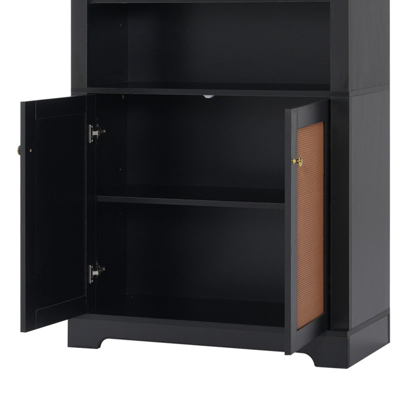 Bibliothèque haute avec éclairages DEL à 4 couches, bibliothèque moderne avec portes en rotin et tablettes réglables ouvertes, bibliothèque de rangement pour le salon, bureau à domicile