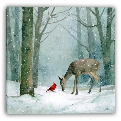 Winter Path Deer and Cardinal Wrapped Canvas Wall Art