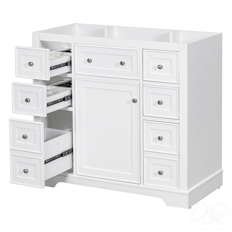Meuble-lavabo 36 po sans lavabo, base d'armoire seulement, une armoire et six tiroirs, Blanc