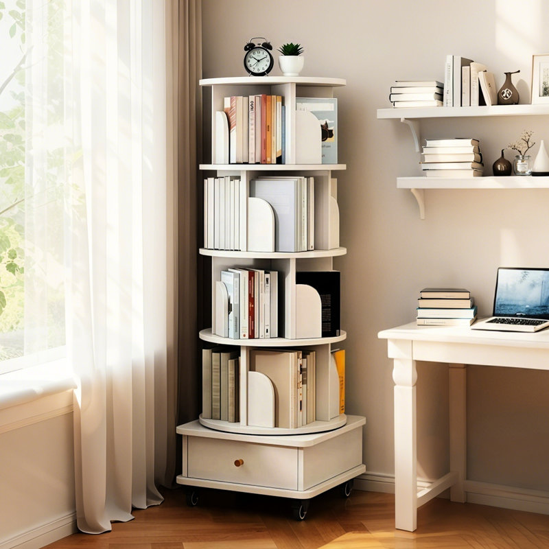 Bibliothèque rotative à 5 niveaux avec rotation à 360 °, roues et tiroir universels, pour le rangement dans la chambre à coucher - Roues blanches chaudes, base stable