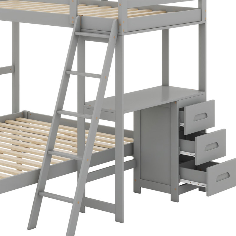 Lit superposé avec bureau et trois tiroirs, Gris
