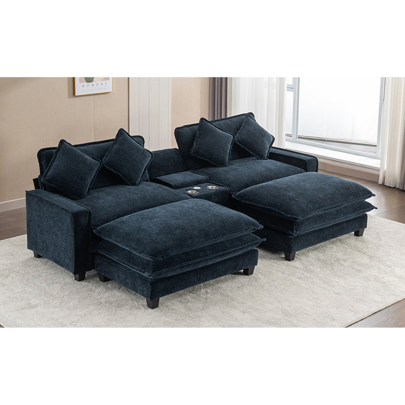 111" Sectional Sofa Chenille Upholstered Sofa With Two Removable Ottoman, Two USB Ports, Two Cup Holders And Large Storage Box For Living Room