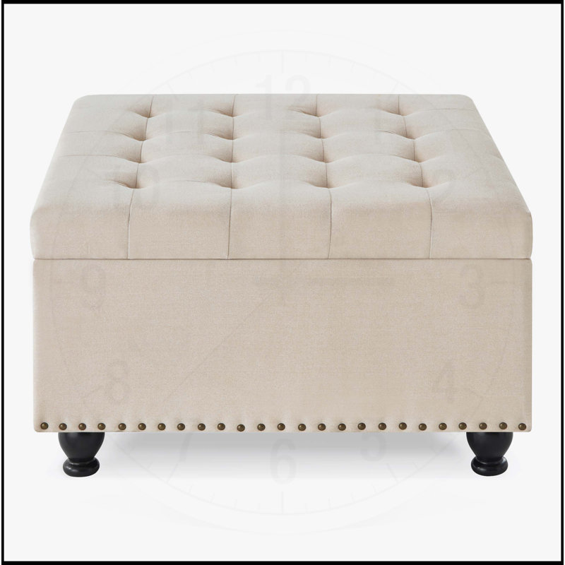 Large Square Storage Ottoman with Wooden Legs, Upholstered Button Tufted Coffee Table, Perfect for Modern Living and Extra Storage