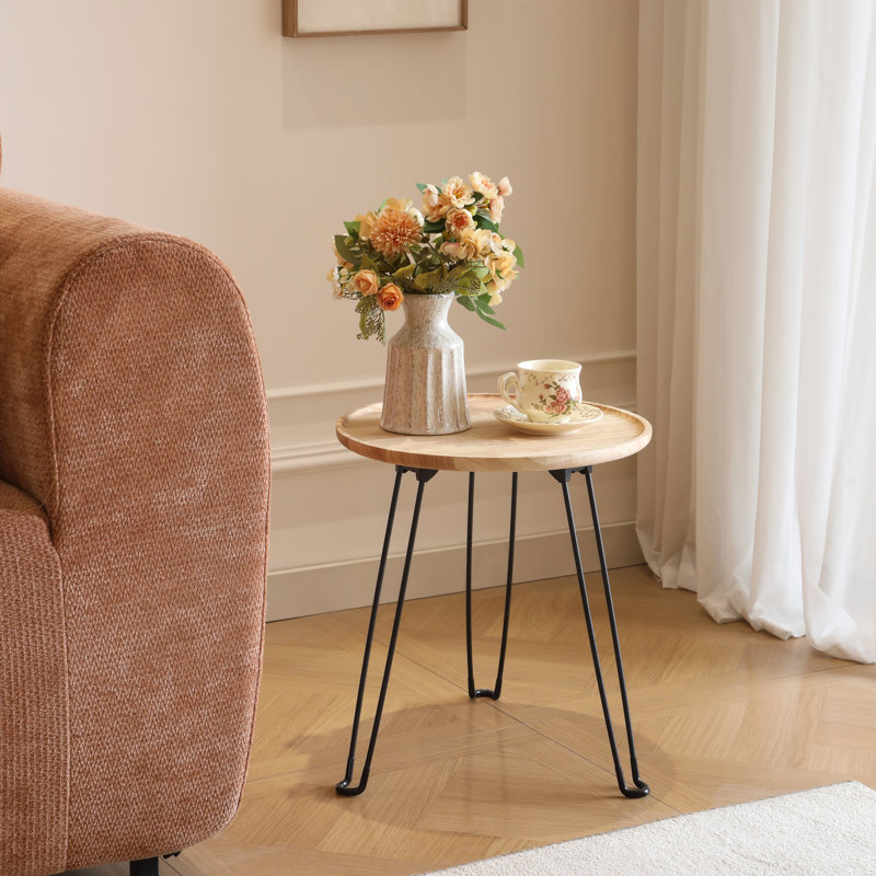 Foldable Round Coffee Table with Solid Wood Tray Top,End Table,Nightstand, Natural