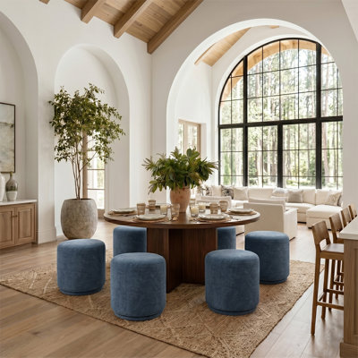  60" Round Walnut Dining Set With 6 Upholstered Ottomans