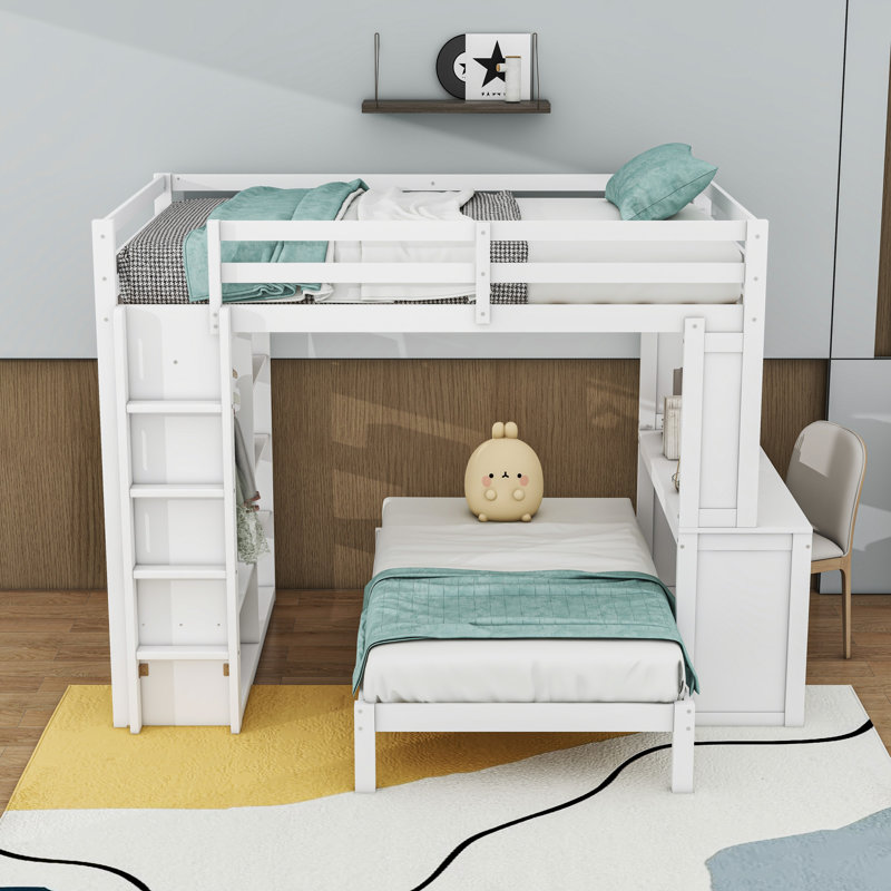 Wood Bunk Bed With Removable Lower Bed, Built-In Desk, Shelves And Wardrobe, White, Queen