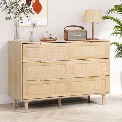 43.3''Wide Wood Rattan 6 - Bedroom Drawer Dresser Storage Chest