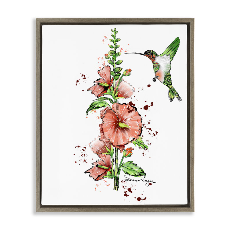 Cadre flottant Hummingbird and Hollyhock, design par Susan Lugar, H 21 po x l 17 po, Cadre flottant orme Montalcino