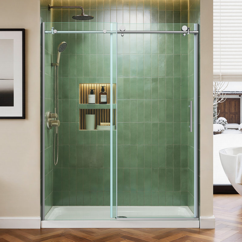 BCANHOME 56–60"W x 76"H Semi-Frameless Sliding Shower Door–10 mm (3/8") Tempered Glass | Stainless Steel Anti-Rust Hardware | Explosion-Proof Film, Easy-Clean Design, Smooth Sliding Performance | Clear & Stylish, Sturdy & Durable