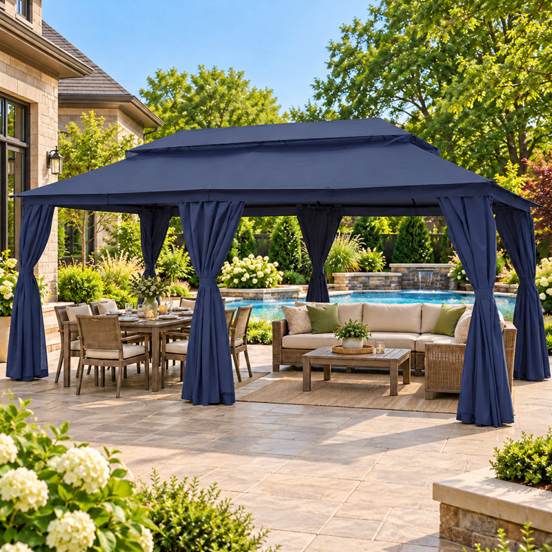 Gazebo de terrasse à double toit, structure en acier, 3 m de large x 6 m de profondeur, Blue