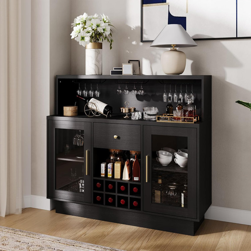 Large Bar Cabinet for Home Storage Buffet with Glass Doors Modern Kitchen Cabinet for Dining Room As Wine Bar Coffee Station and Sideboard Storage Black