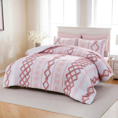 7 Pieces Girls Pink Tufted Bed in a Bag King Size Boho Chic Farmhouse Bedding Set Soft Microfiber Ethnic Aztec Comforter Sets for Bedroom Mid-Century Bohemian Bedding Comforter Set