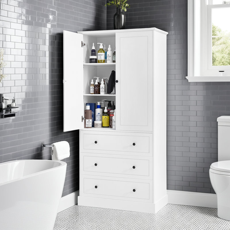 Grande armoire autoportante en lin de 69,2 po de hauteur, armoire de salle de bain avec tiroirs et tablettes réglables