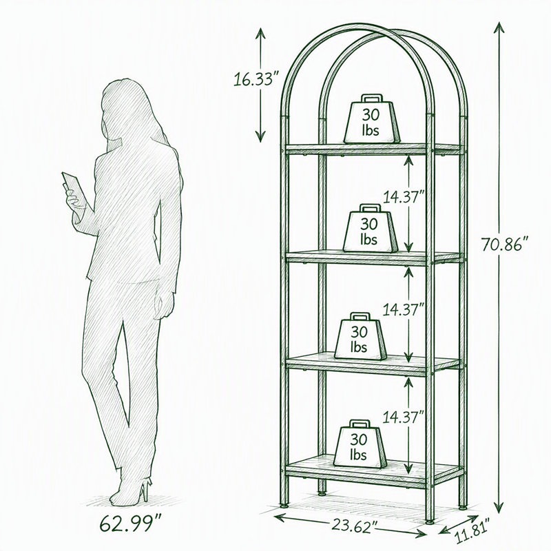Bibliothèque à 4 niveaux, tablette de présentation arquée avec tablettes de rangement, Noir