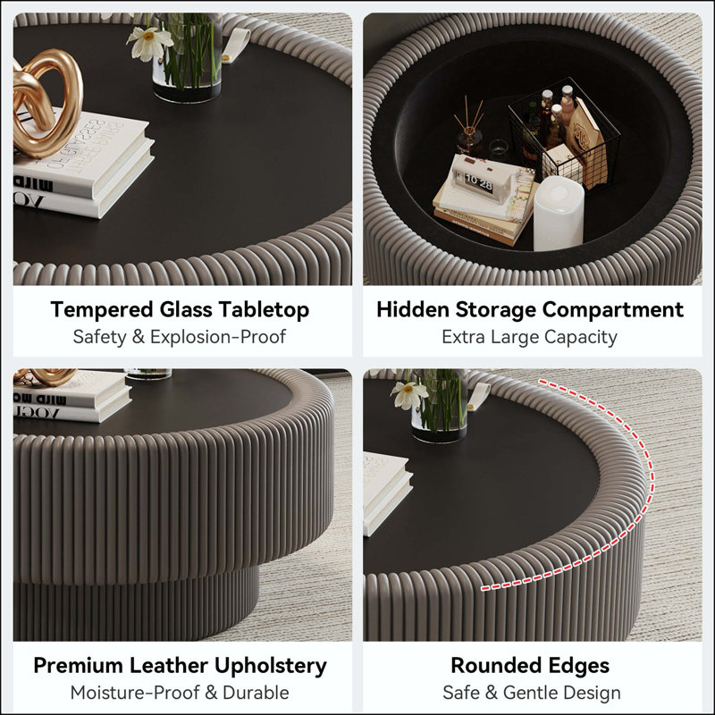 Table basse ronde cannelée avec rangement, plateau en verre trempé et revêtement en cuir gris.