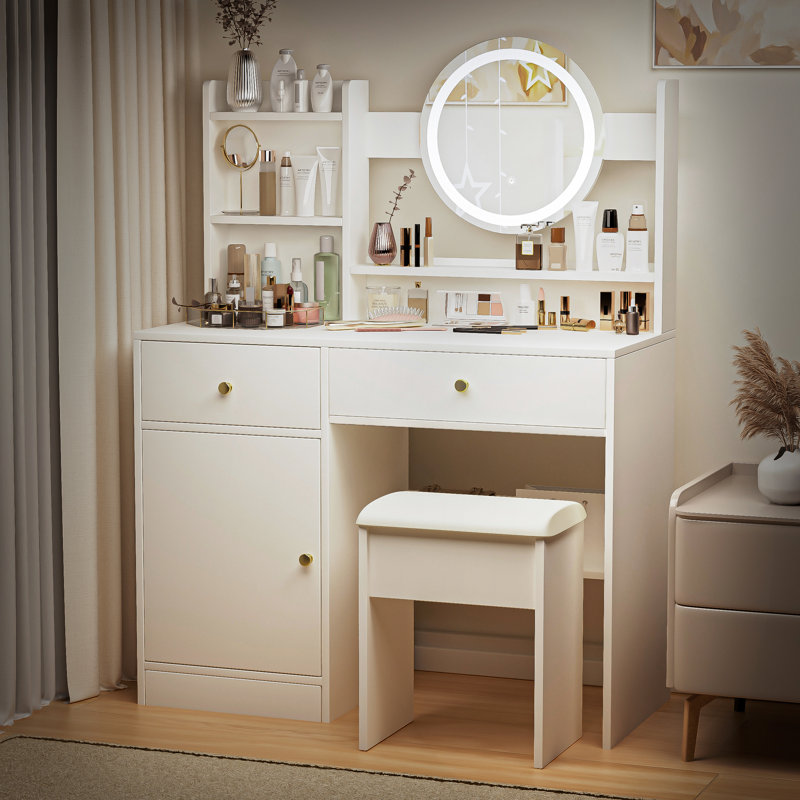 Coiffeuse classique avec miroir et lumières pour la chambre à coucher, luminosité réglable, lumières de maquillage de couleur blanche à 2 tiroirs, décoration de chambre à coucher