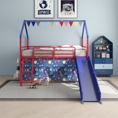 Metal Junior House Twin Loft Bed With Slide And Curtain Set, Super Hero Color Red And Blue