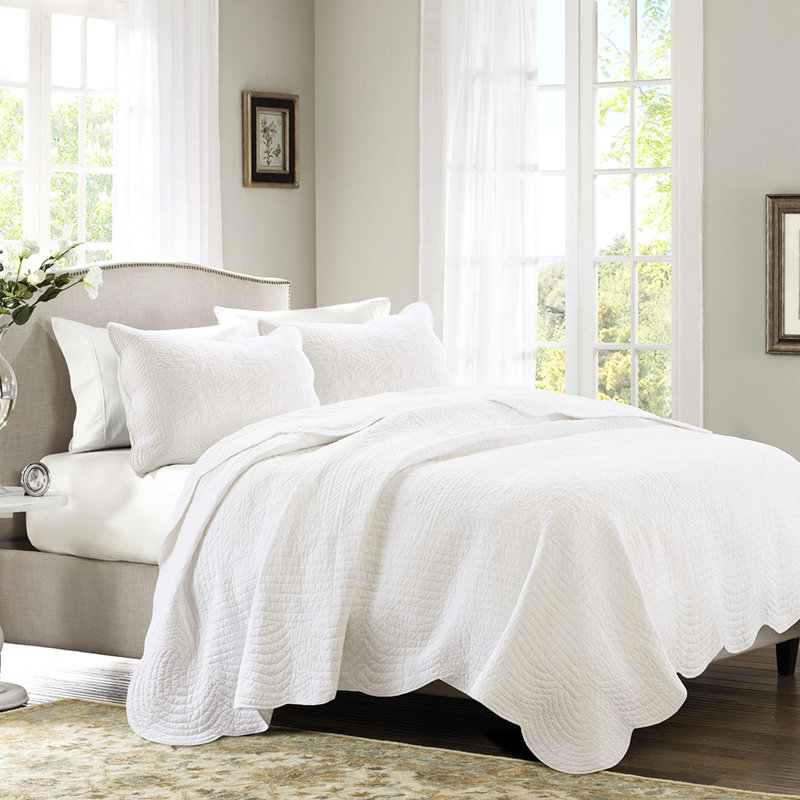 Courtepointe double / grand réversible à bords festonnés, 1 et 2 taies décoratives, matériau en microfibre, rembourrage, lavable à la machine, blanc, 3 pièces double / grand Country Engross, décoration, microfibre douce, rembourrage 90% coton,