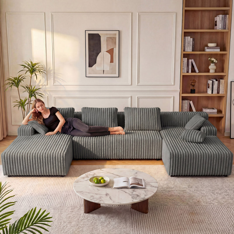 Canapé modulaire en forme de L de Boneless, Velours côtelé gris