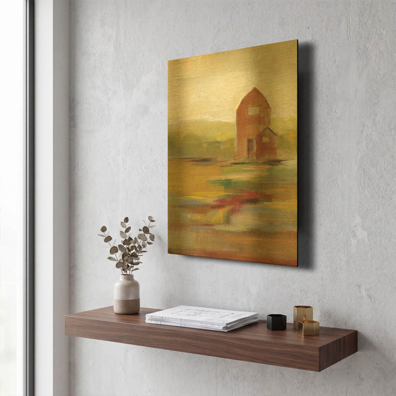 «Hillside Barn II» par Silvia Vassileva, art mural en métal doré, 12 po x 16 po, 12 po x 16 po