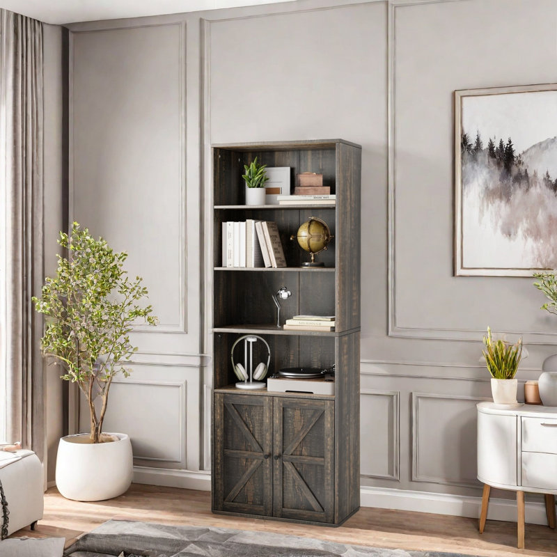 Tall Bookcase, Wooden 6 Shelf Bookshelves, Dark Grey