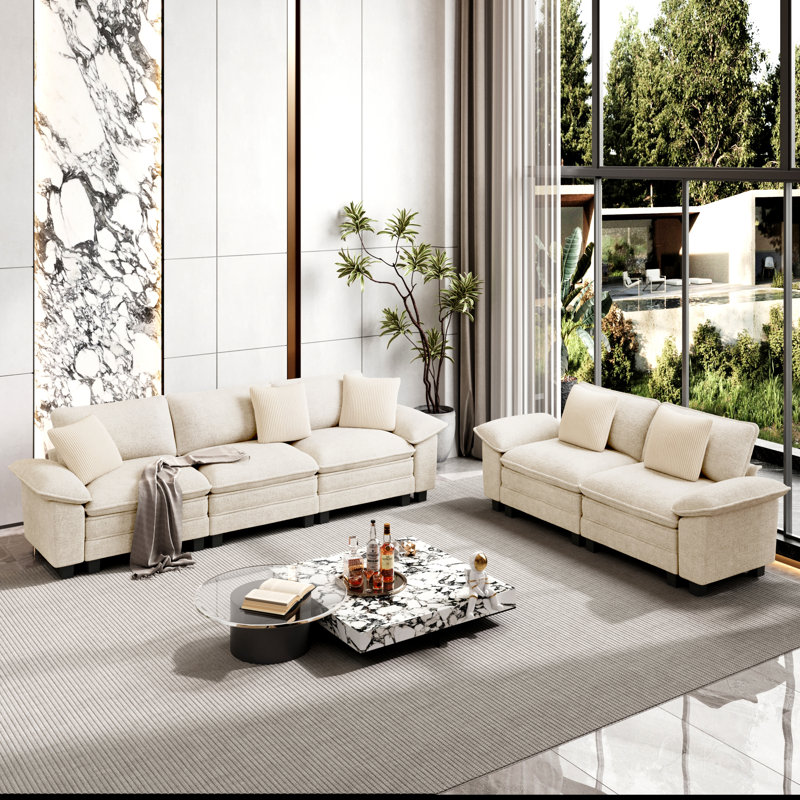 5 Piece Modular Living Room Set, Ivory Chenille