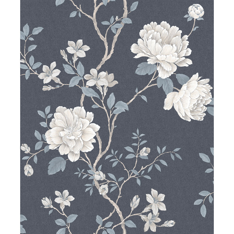 Vintage Roses Magnolia Trail Design 33' L x 21" W Wallpaper Roll, Dark Blue/Beige