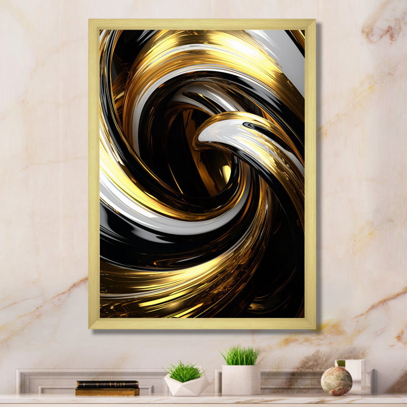 Liquide or noir blanc abstrait spirale minimale sur toile, H 40 po x l 30 po x P 1,5 po, Cadre doré à une seule photo