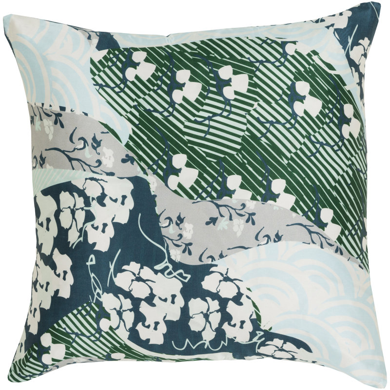 Geisha Floral Silk Pillow Cover, 18" H x 18" W x 4" D, Emerald/Kelly Green, Down